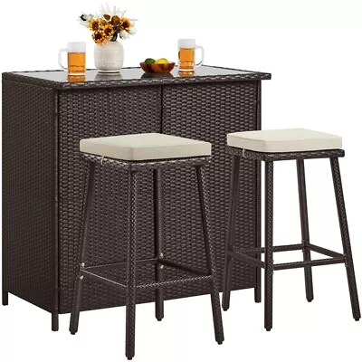 3-Piece Outdoor Bar Set Rattan Patio Furniture Set W/ Glass Tabletop & Cushion • $159.99