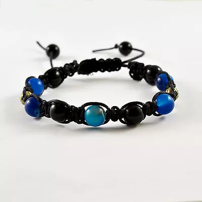 Men's Blue Agate Onyx Natural Gemstone Beaded Shamballa Bracelet Crystal Healing • $26