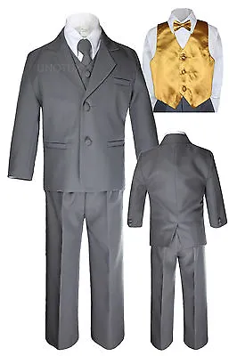 $86.99 • Buy 7pc Baby Toddler Boy Dark Gray Formal Wedding Party Suit Tuxedo Vest Bow Tie S-7