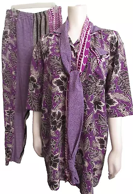 Vintage Maggie Shepherd 3-PC Pant/Tunic Top/Scarf Set M Floral/Leaf Purple/Black • $35