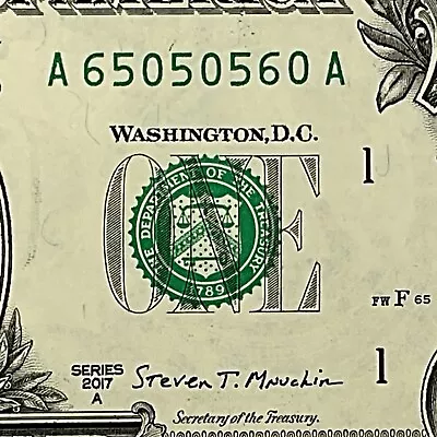 Trinary Fancy Serial Number 2017A One Dollar Bill A65050560A FW Print 0s 5s 6s • $4.95