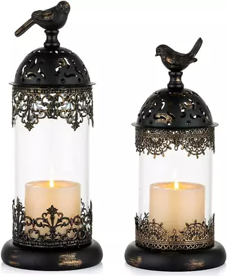 Vintage Pillar Candle Holders Moroccan Wrought Iron Hurricane Candle Holder Orna • $67.41