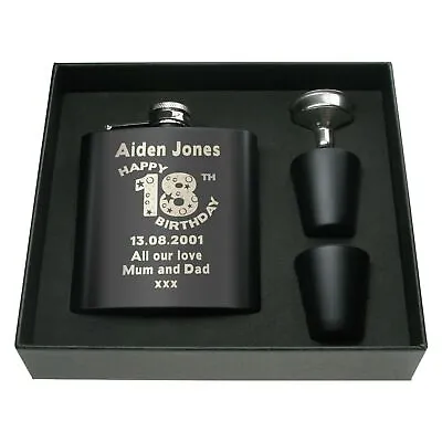 Boys Happy 18th Birthday Personalised Black Hip Flask Gift Set Engraved Present • £19.99