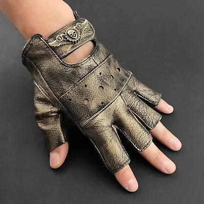 Retro Gold Leather Gloves Steampunk Fingerless Gloves Men Cosplay Costume Props • $19