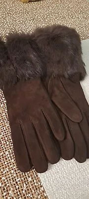 Michael Kors Women Gloves Fur Cuff Choco Brown Suede Leather Cashmere Lining Sz7 • $65