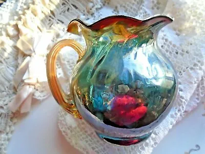 Vintage PILGRIM Art Glass Vase Pitcher Blue Body Marigold Handle W/ Foil Tag 4  • $22