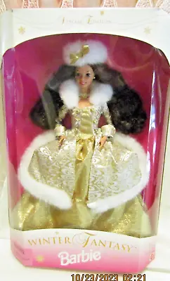 1995 Mattel WINTER FANTASY BARBIE NRFB 15530 Brunette Gold Gown White Faux Fur • $25