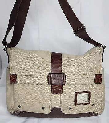 FOSSIL Men/Unisex Canvas/Leather Messenger Laptop Beige/Brown Flap Bag Travel • $48