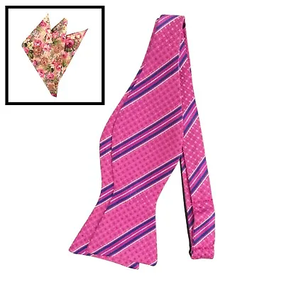 Mens BOW TIE SELF TIE Silk Mauve Stripe Adjustable Bowtie Floral POCKET SQUARE • $12.87