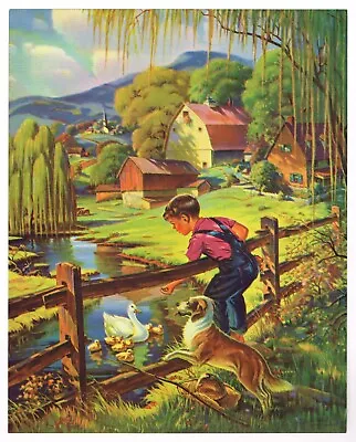 Original Vintage Calendar Print 1940s Lithograph Fishing Nos Boy & Dog 8x10  3m • $8.95