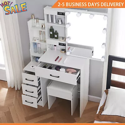 Bedroom Lighted Vanity Set W/Sliding Mirror Makeup Dressing Table Drawer Cabinet • $158.87