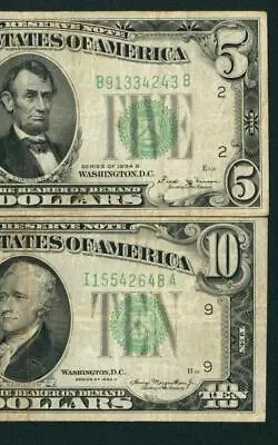 (( TWO NOTES )) $5 / $10 1934 ((CHOICE AU)) Federal Reserve Note CURRENCY • $0.99