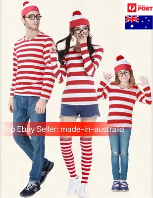 Wheres Wally Costume Outfit Adult Woman Halloween Party TOP+HAT+GLASSES+STOCKING • $28.99