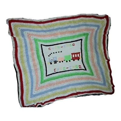 Crocheted Train Blanket Choo-Choo Vintage Large Knitted Throw Afghan 52x47 • $22