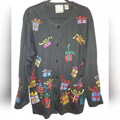 Michael Simon Christmas Present Cotton Black Cardigan Sweater Size XL • $60