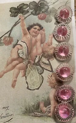 Set Of 6 Vintage 1/2  Pink Eye Rim Crystal Glass Buttons~1920's~old Stock • $7.50