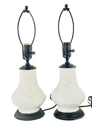 Vintage Pair Leviton MCM Mid Century Modern Table Lamps White Floral Ceramic • $59.14