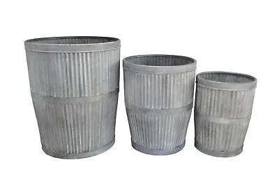 Large Metal Barrel Ribbed Garden Flower Pot Galvanised Round Tall Planters Decor • £49.95