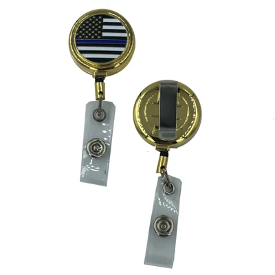 $9.99 • Buy Police Thin Blue Line Gold Metal ID Reel Retractable ID Card Holder CBP First Re
