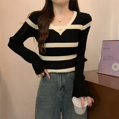 Autumn Winter Korean V-neck Striped Long Sleeve Slim Knitted Sweater For WomAW • $23.01