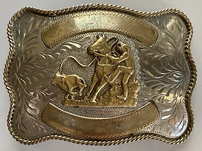 Steer Roping Cowboy Horse Rodeo Western Belt Buckle 4x3 Marked AM©️Silver? Brass • $89.99