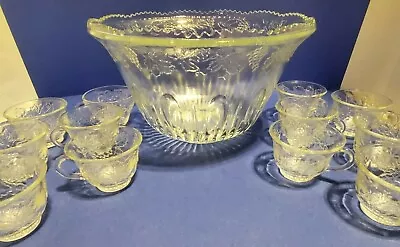 Indiana Glass Clear Punch Bowl W 12 Cups Vintage Harvest Grape Design Cut Glass • $44.99