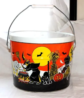 Vintage 1980's Halloween Metal Pail Tin Bertels Can Witch Ghost Bats Pumpkin JOL • $49.99