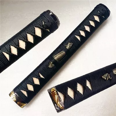 26CM Tsuka Alloy Fuchi Kashira Menuki Black Ito Real Rayskin Sword Katana Parts • $27