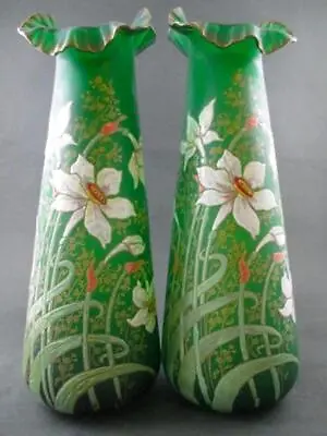 Pair MONT JOYE - Art Nouveau DAFFODIL Vases 13  GREEN Satin Art Glass Hp Enamel • $575