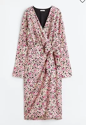 H&M Floral Print Wrap Midi Dress Womens Size 3XL Pink Cream Long Sleeve • $29.99