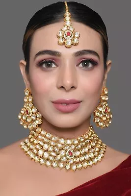 Maharani Kundan Choker Necklace Set With Earring Maang Tikka Forehead Jewelry • $151.24
