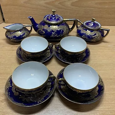 Vintage Japanese Matsue Kisai? Gold And Cobolt Encrusted Tea Set • $49.99