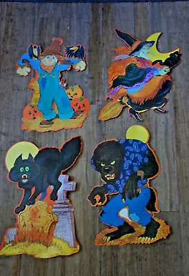 4 Vintage KIRK Halloween Die Cut Decorations BLACK CAT Scarecrow WEREWOLF Witch • $25
