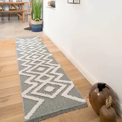 Grey Geometric Runner Sustainable Tufted Pile Cotton Indoor Long Hallway Rug Mat • £13.95