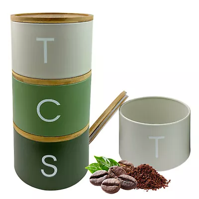 Tea Coffee Sugar Canisters Set Of 3 Kitchen Food Storage Steel Jar Wooden Lid • £16.88