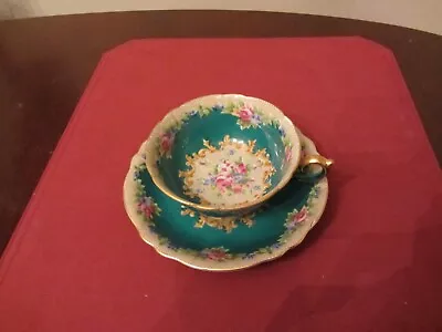 Occupied Japan ORION China Tea Cup & Saucer Set Green Floral Hand Painted • $22.99