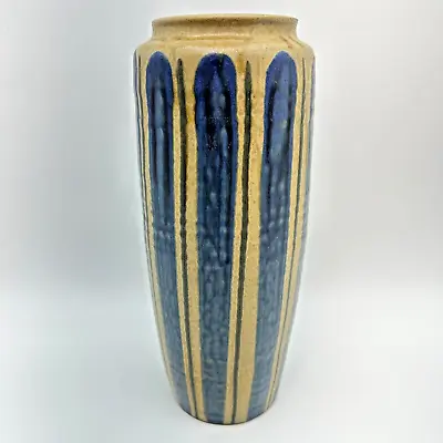 VTG MCM Japanese Ceramic Vase Tan W/ Blue Stripes Signed Bottom 20th Century 12  • $78.98