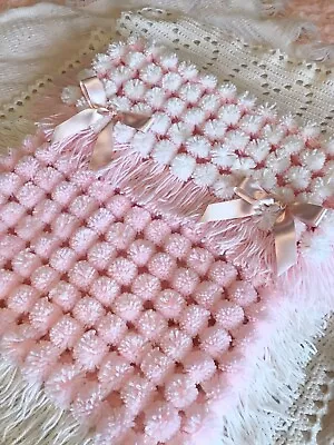 Pink / White Pompom Pram Blanket. (Also Suitable For Moses  Basket Or Car Seat) • £30