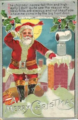 SANTA'S CHIMNEY DILEMMA On Colorful Vintage Unused CHRISTMAS Postcard • $4.99