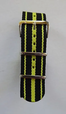 Three Stripes Nato Military Style Watch Strap - Black / Yellow 18mm - 24mm • £5.99