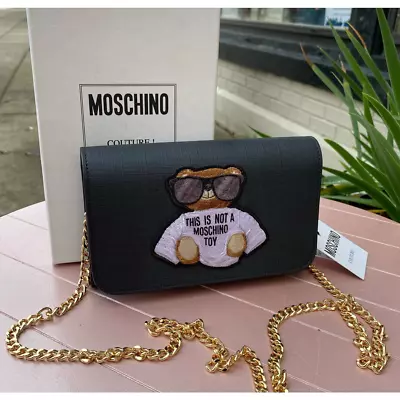 MOSCHINO COUTURE Charcoal Grey Leather Teddy Bear Wallet On A Chain NEW W/tags • $229