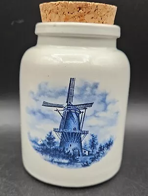 Vintage Hand Painted Blue & White Windmill Crock Jar With Cork Lid • $12.99