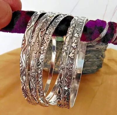 6 Set Of Silver Bangles Solid 925 Silver Handmade Designer Women Bangle All Size • £15.14