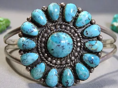 Genuine MOHAVE' Blue TURQUOISE Cluster Sterling Silver 38g Cuff Bracelet Sgnd • $51