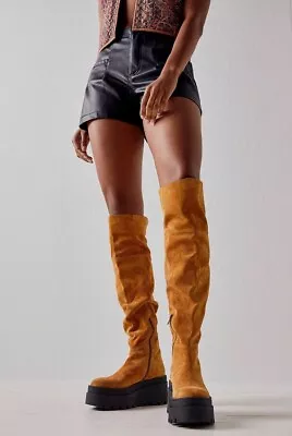 Free People London Calling Cognac Wedge Over The Knee Suede Boots Size 38.5 8.5 • $149.99