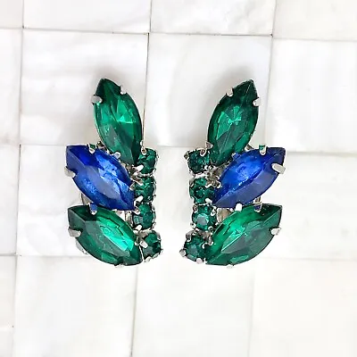 $14.99 • Buy Green & Blue Rhinestone Statement Clip On Earrings The Vintage Strand Lot #9761