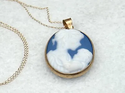 Vintage 10K Yellow Gold Mother & Baby Blue Porcelain ￼ Cameo Pendant Necklace • $129.99