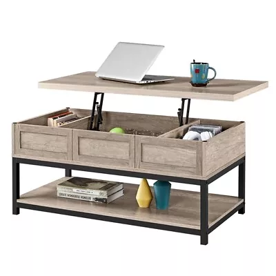 Rustic Wood Lift Top Coffee Table W/Hidden Compartments Bottom Open Shelf Gray • $99.99