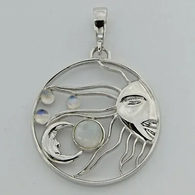  Rainbow MOONSTONE Sun Moon And Star Pendant 925 STERLING SILVER  RHODIUM #267e • $34.47