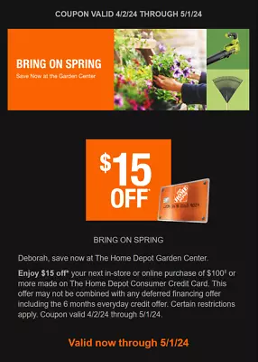 HOME DEPOT  ~ $SAVINGS$ ~ On Line Or In Store ~ Coupon Expires 5/01 • $4